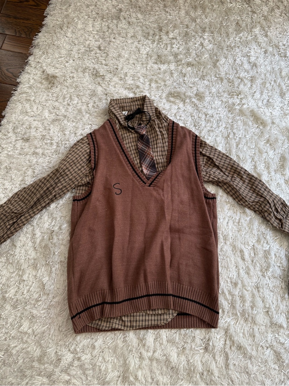 Brown Plaid Shirt Sweater Vest Tie Set